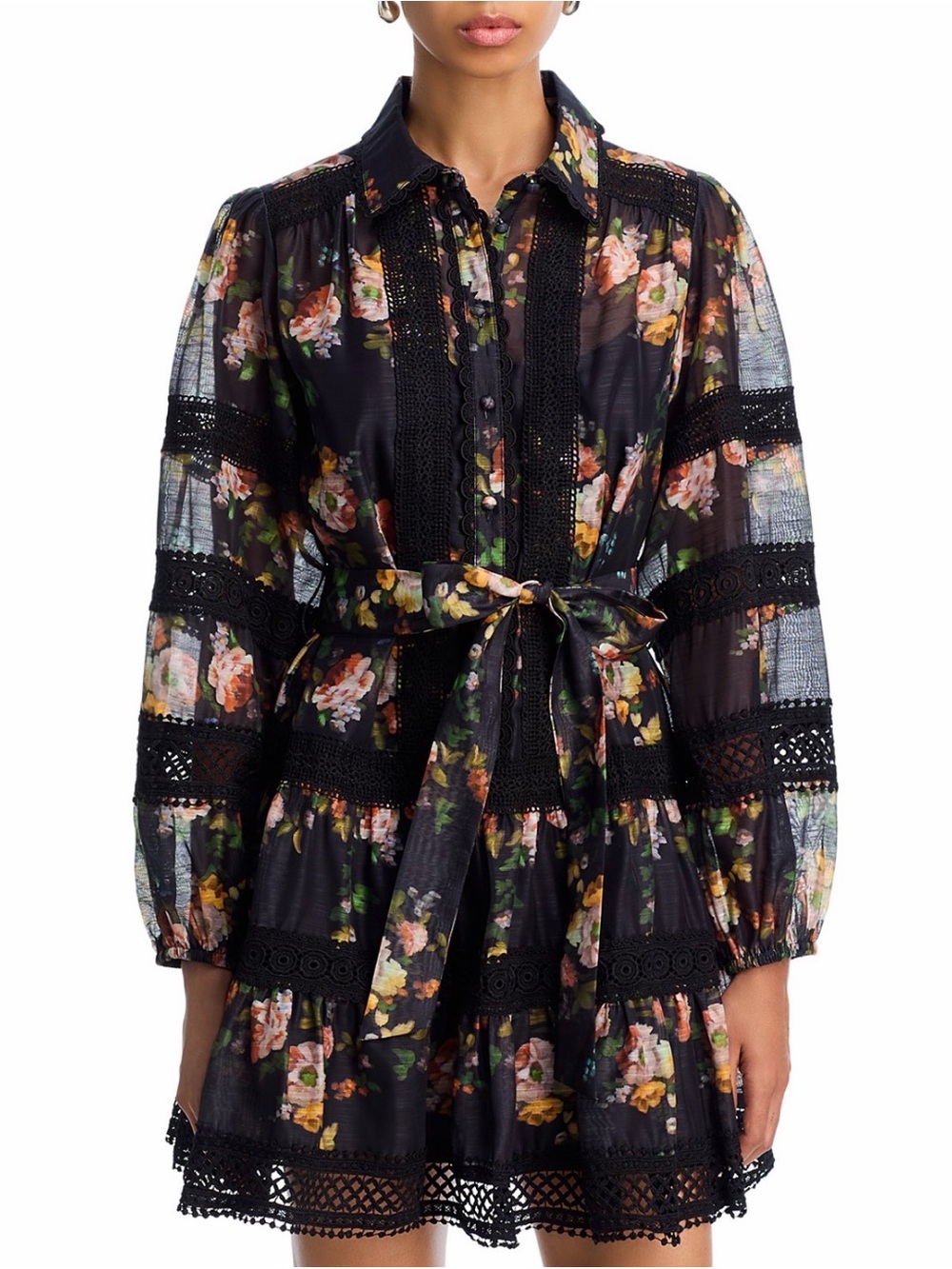 AQUA Black Floral Lace Tiered Mini Dress size M
